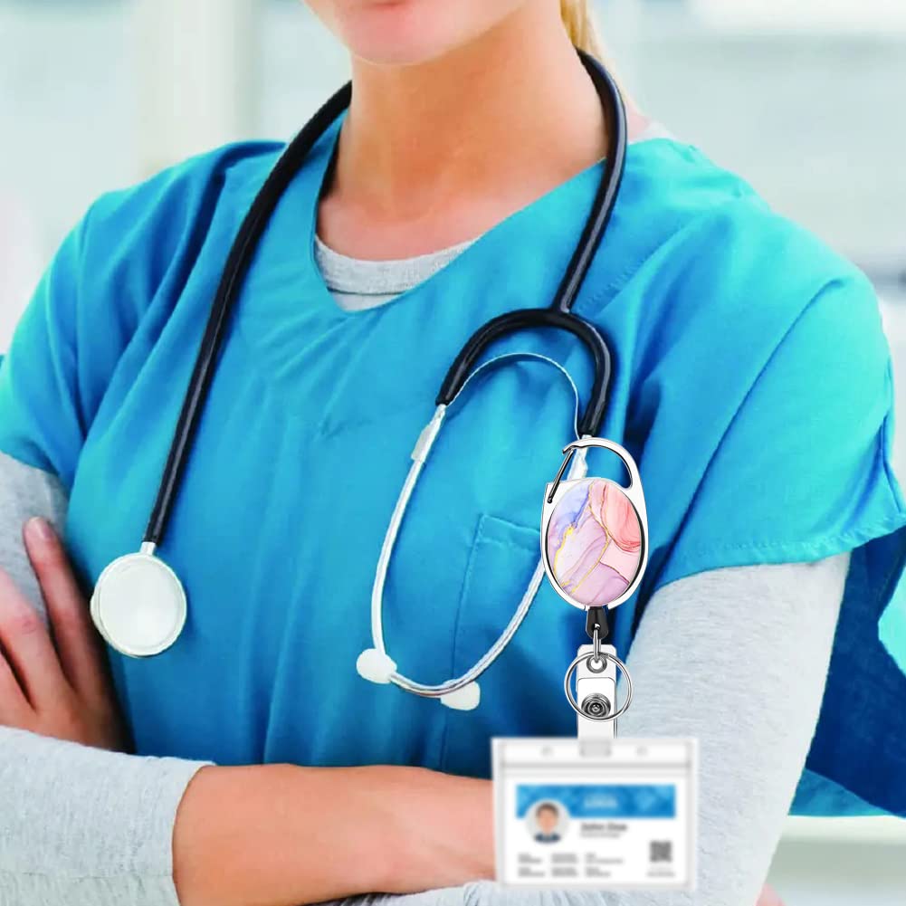 Carrete retráctil resistente con mosquetón para cinturón, llavero, bonito soporte para insignia, carretes de identificación para trabajadores de oficina, médicos, enfermeras, paquete de 3 (mármol)