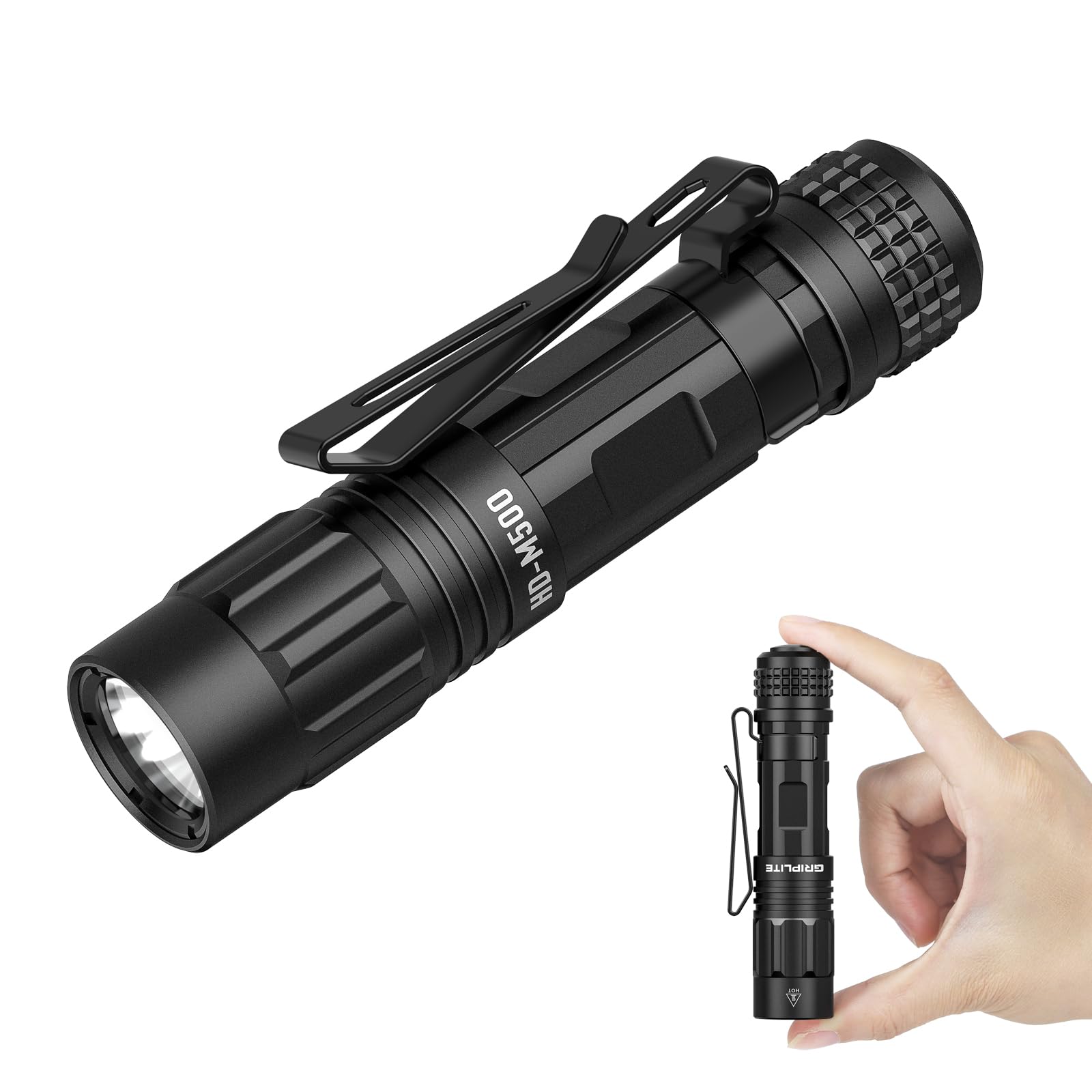 GripLite Pocket Flashlight, 500 Lumens Dual Fuel Rechargeable AA LED Light, Small EDC Flashlight with Clip for Camping, Hiking and Everyday Use
