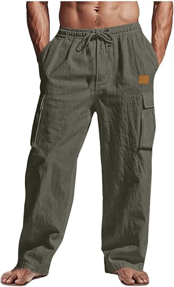Men's Linen Trousers UK Clearance Cargo Combat Pants Casual Jogger Elastic Waist Drawstring Outdoor Trousers Loose Fit Plain Sweatpants Cotton Linen Pants with Multi Pockets Full Length Bottoms