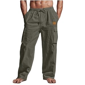 Men Cotton Linen Beach Pants Casual Summer Vacation Pant Going Out Straight Wide Leg Street Trousers with Pockets