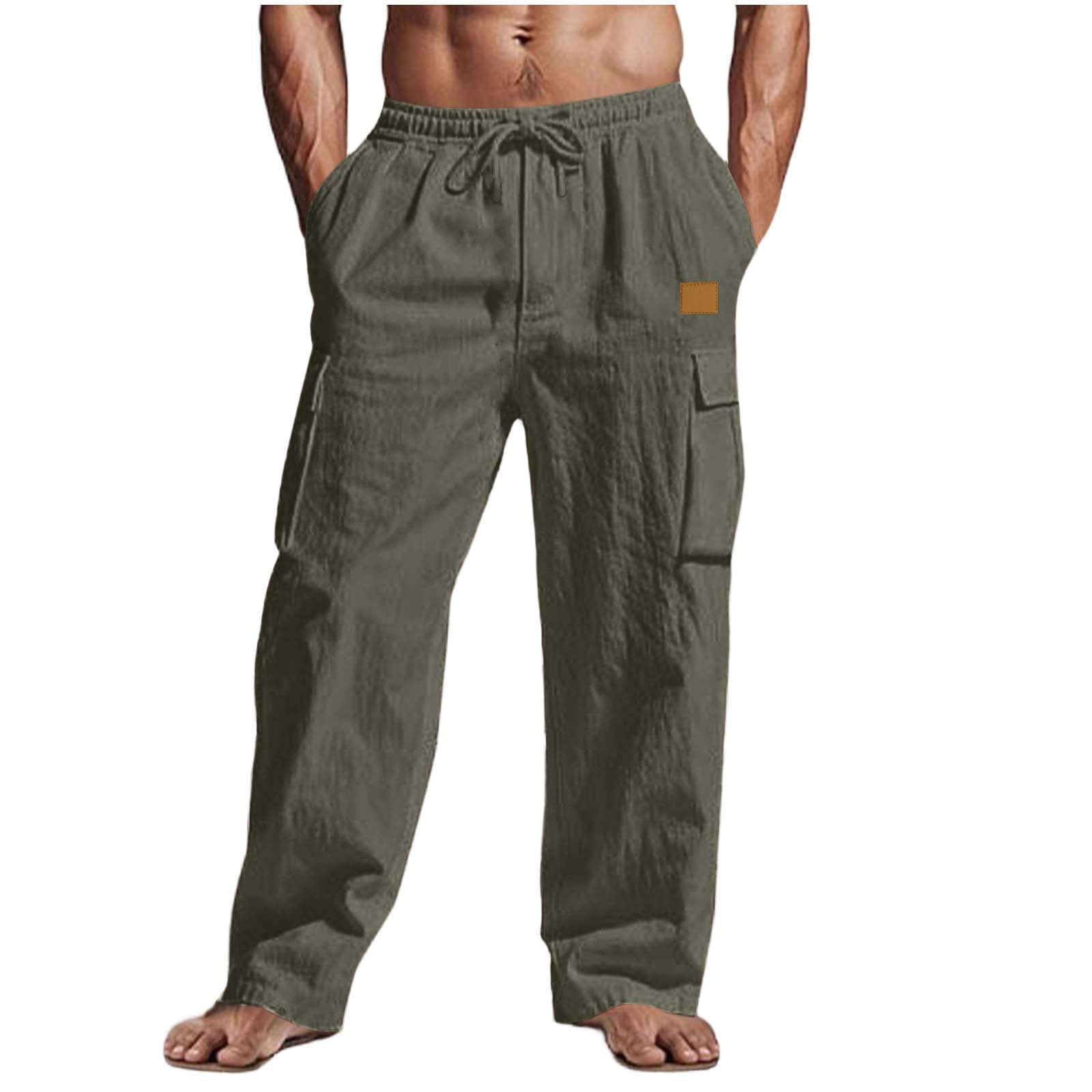Men Cotton Linen Beach Pants Casual Summer Vacation Pant Going Out Straight Wide Leg Street Trousers with Pockets