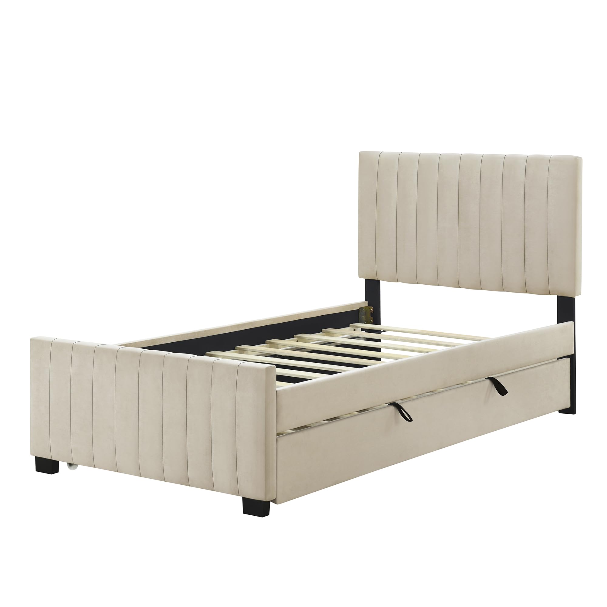 Letto singolo imbottito 90 x 200 cm, letto per ragazzi, struttura con rete a doghe e letto estraibile, letto per gli ospiti, lettino per bambini, tessuto di velluto, senza materasso (beige)