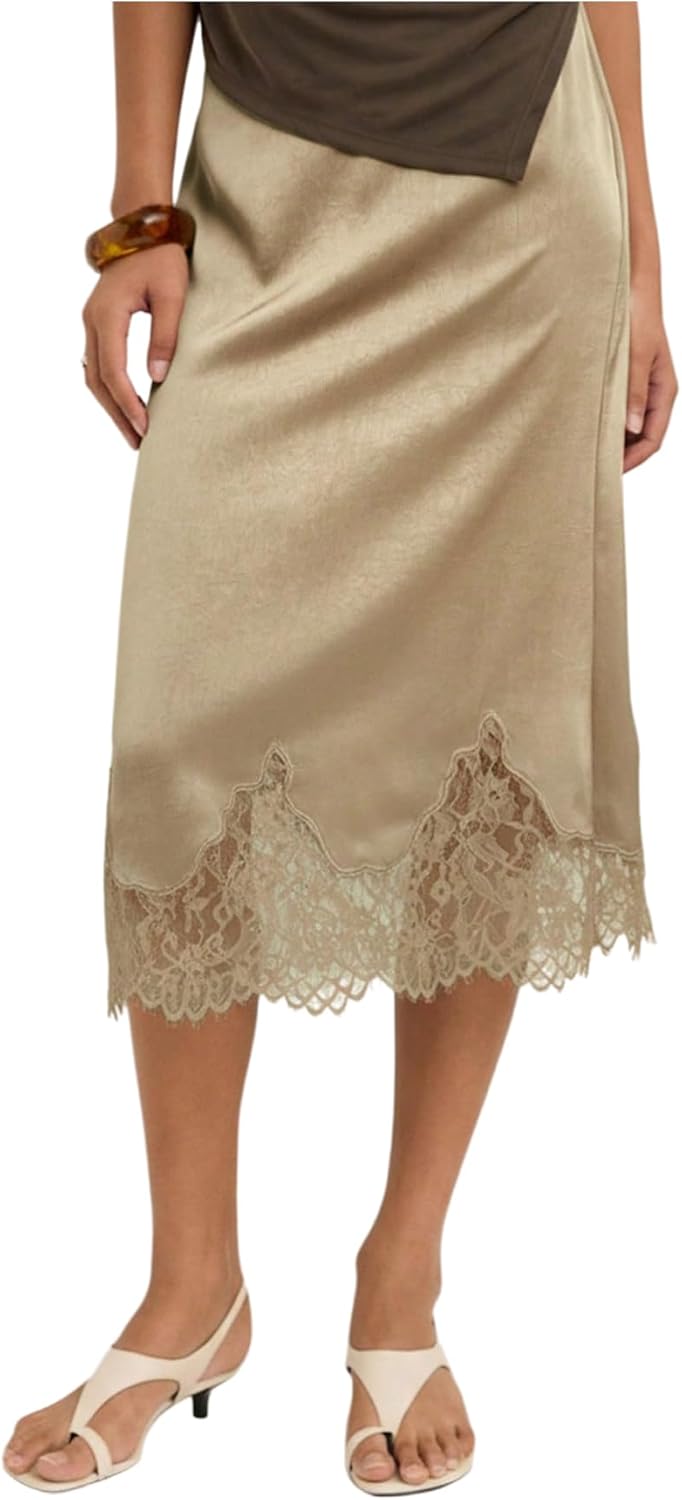 Milumia Women's Elegant Lace Trim Midi Skirt High Waisted A Line Cocktail Party Skirts