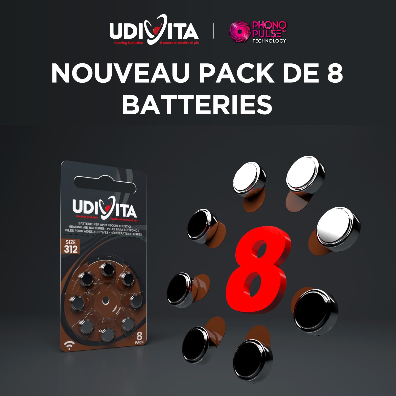 240 Piles Auditives Taille 312 Udivita PR41 Marron, Technologie Phono Pulse
