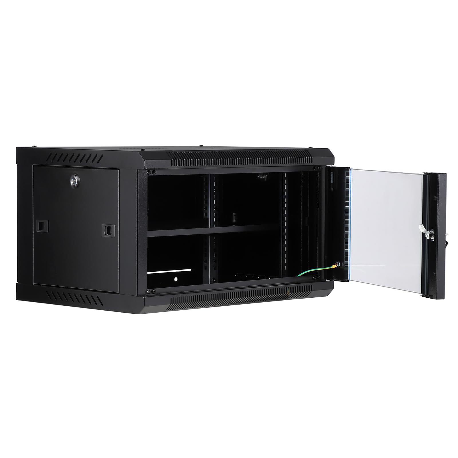 Compact IT Rack Enclosure - Armadio di rete 6U per montaggio a parete, profondità 45 cm, porta in vetro con serratura, pannelli laterali rimovibili, ventilato, fori per ventola di