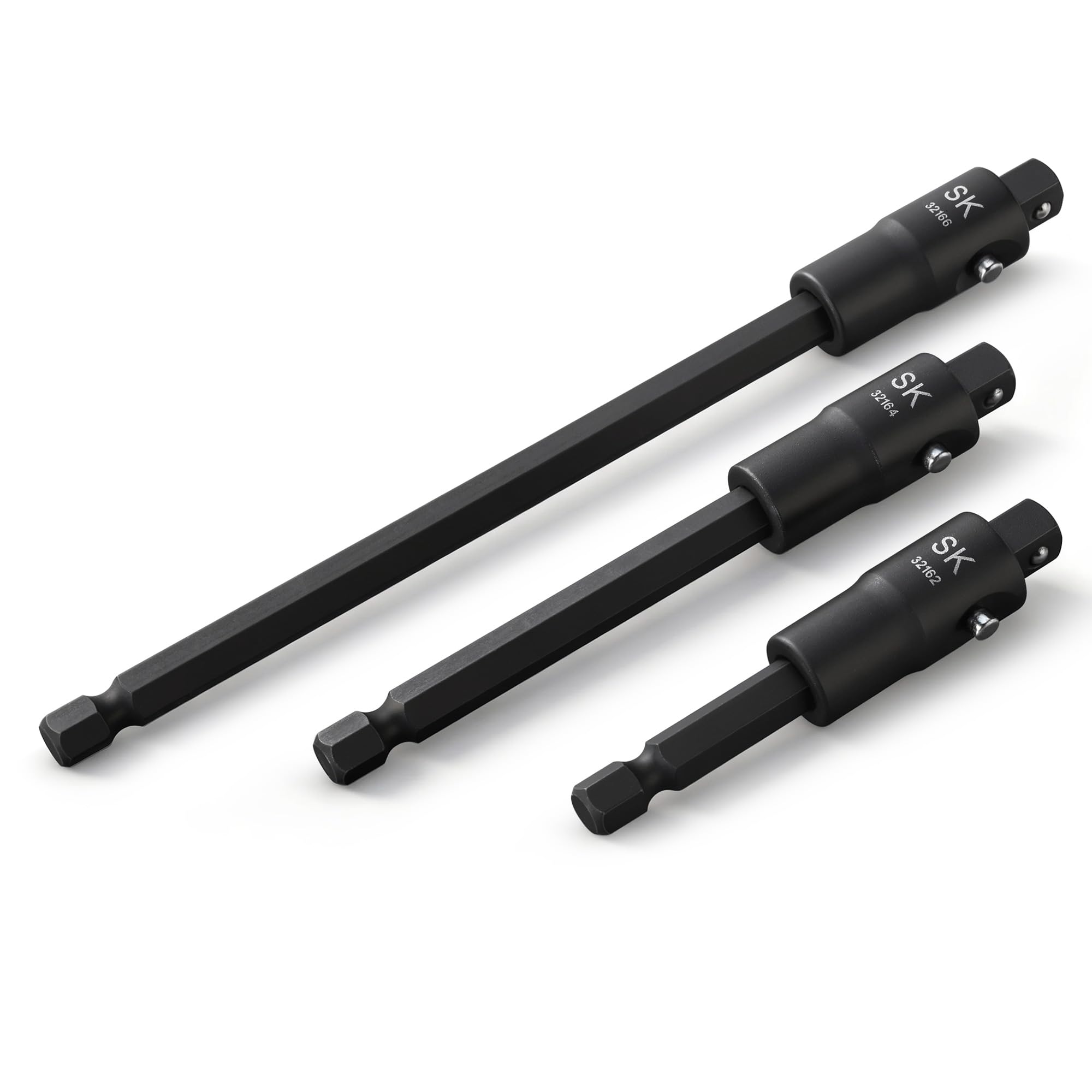 SK Tools USA 3-Piece Locking Impact Socket Adapter Set, 1/4" Drive, 2", 4", 6" Extension Set, with Quick-Release Button, Premium Cr-Mo Steel with Black Phosphate Finish