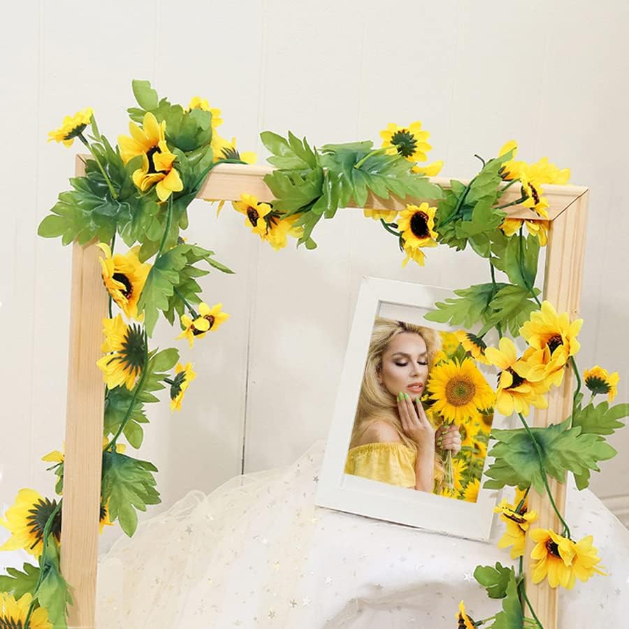 Miniatura 2 de QUUPY Paquete de 2 guirnaldas artificiales de girasoles de seda, flores artificiales, hojas verdes, cabeza floral, girasoles falsos para mesa de