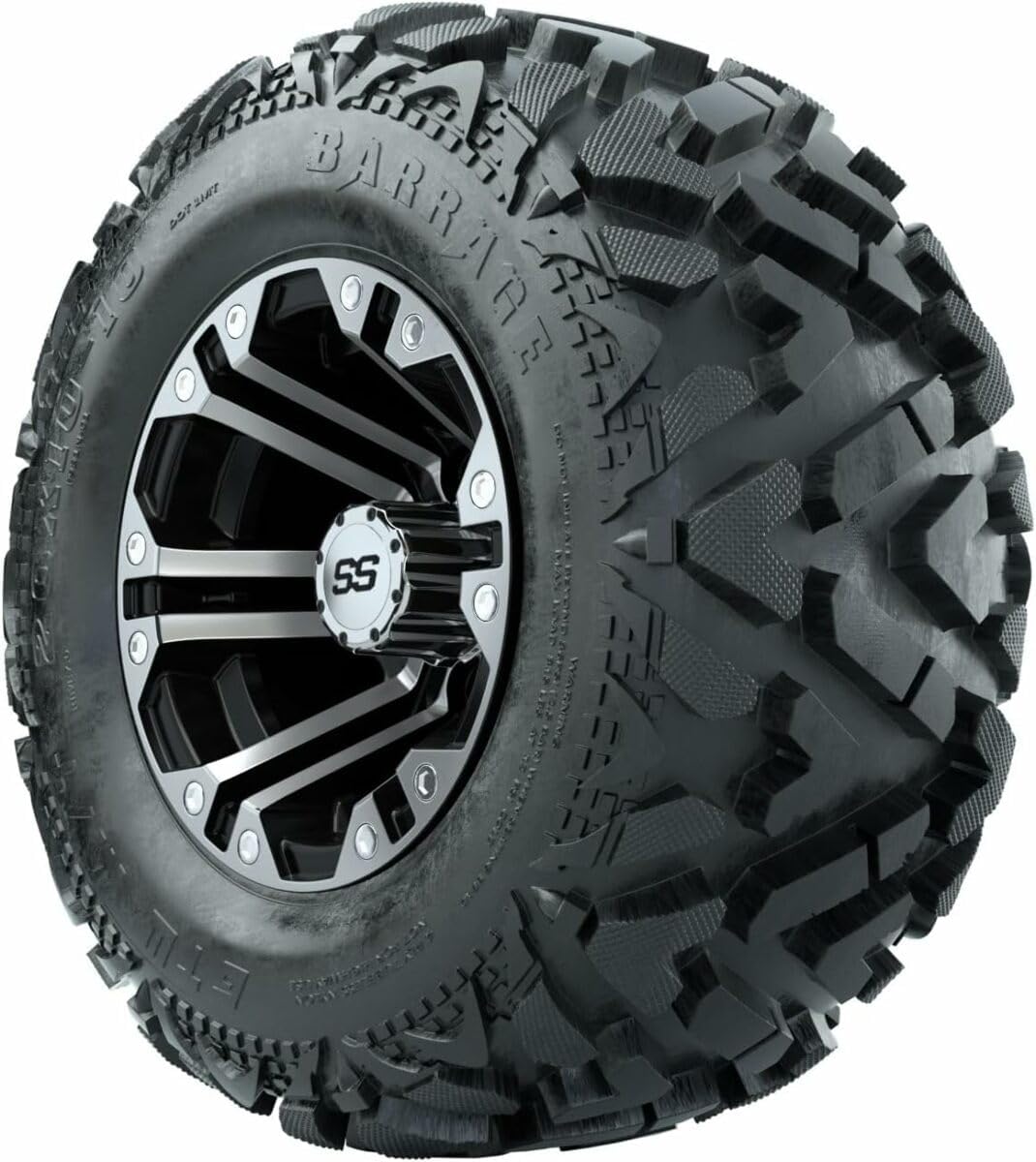 GTW 10 Inch Golf Cart Wheels and Tires Combo | GTW Specter Machined/Black Wheels on 20x10-10 Barrage Mud Tires | Set of 4