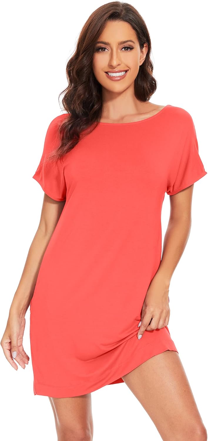 WiWi Womens Bamboo Viscose Nightgowns Soft Short Sleeve Sleep Shirt Lightweight Cool Nightshirt Pajama Dress S-XXL