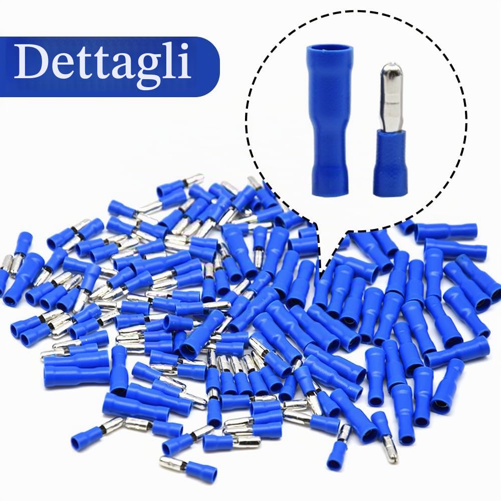 100 Pezzi Connettori Elettrici Terminali a Crimpare Connettori per cavi elettrici a Testa a Proiettile – Per Cavi Da 1,5 – 2,5 mm² (Blu/YPZL)