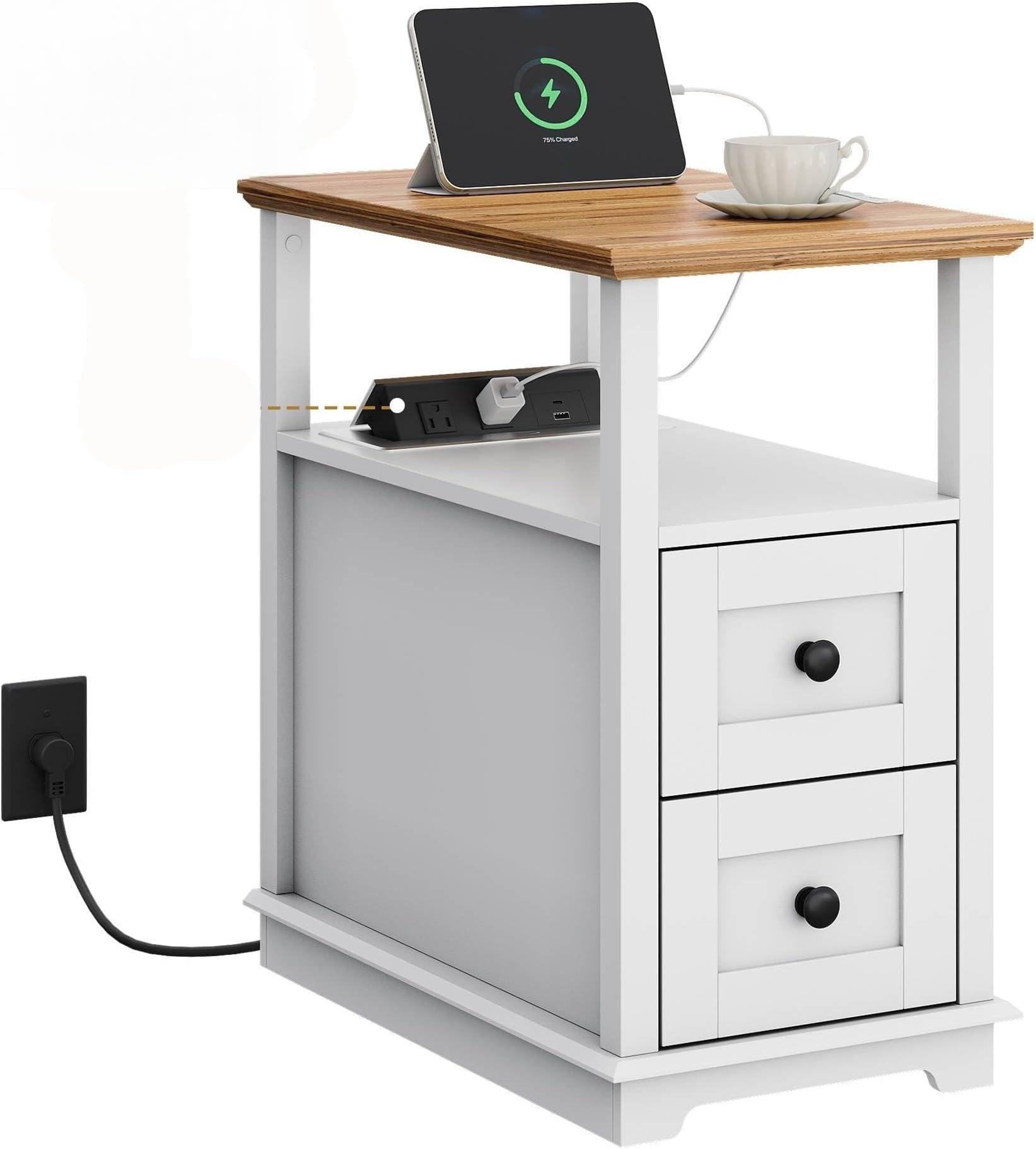 WLIVE End Table with Charging Station, Narrow Side Table for Living Room, Farmhouse Nightstand with Storage, Small Wooden Cabinet with USB Ports and Outlets for Living Room and Bedroom, White