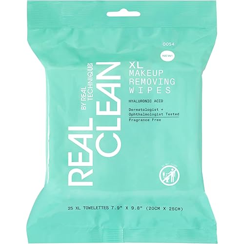 Real Techniques Real Clean XL Hydrating Facial Wipes, Infused With Hyaluronic Acid, Dual-Usage Cleansing Wipes Repair Skin & Gently Remove Makeup, Fragrance Free, 25 Count