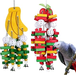 2pcs String Parrot Toy Exercise Conures Birds Wooden Chewing Shredder Bird Parakeet Blocks Banana Funny Bite Apple Hammock Stands Toys Perch Tearing Greys Macaws Swing Pet Cage