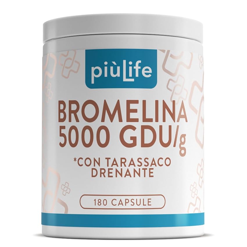 Bromelina Extra Forte Drenante 5000 GDU/g 180 Capsule PiùLife, 1200mg Bromelina Strong Con Estratto Di Tarassaco Drenante Naturale (3 Per Dose), Enzima Digestivo Gonfiore Addominale Microcircolo