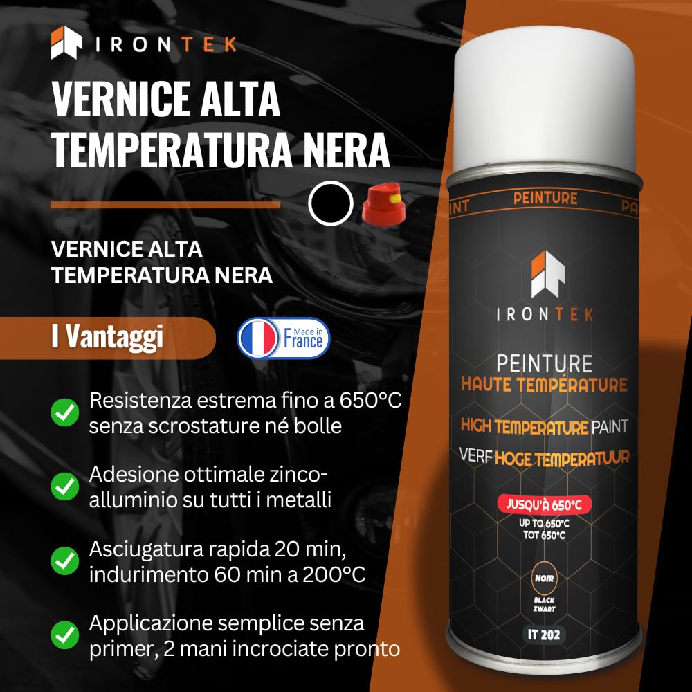 IRONTEK Vernice Alta Temperatura Spray Nero 400ml | IT202 | Resistente 650°C | Antiruggine | Marmitta Freni Motore