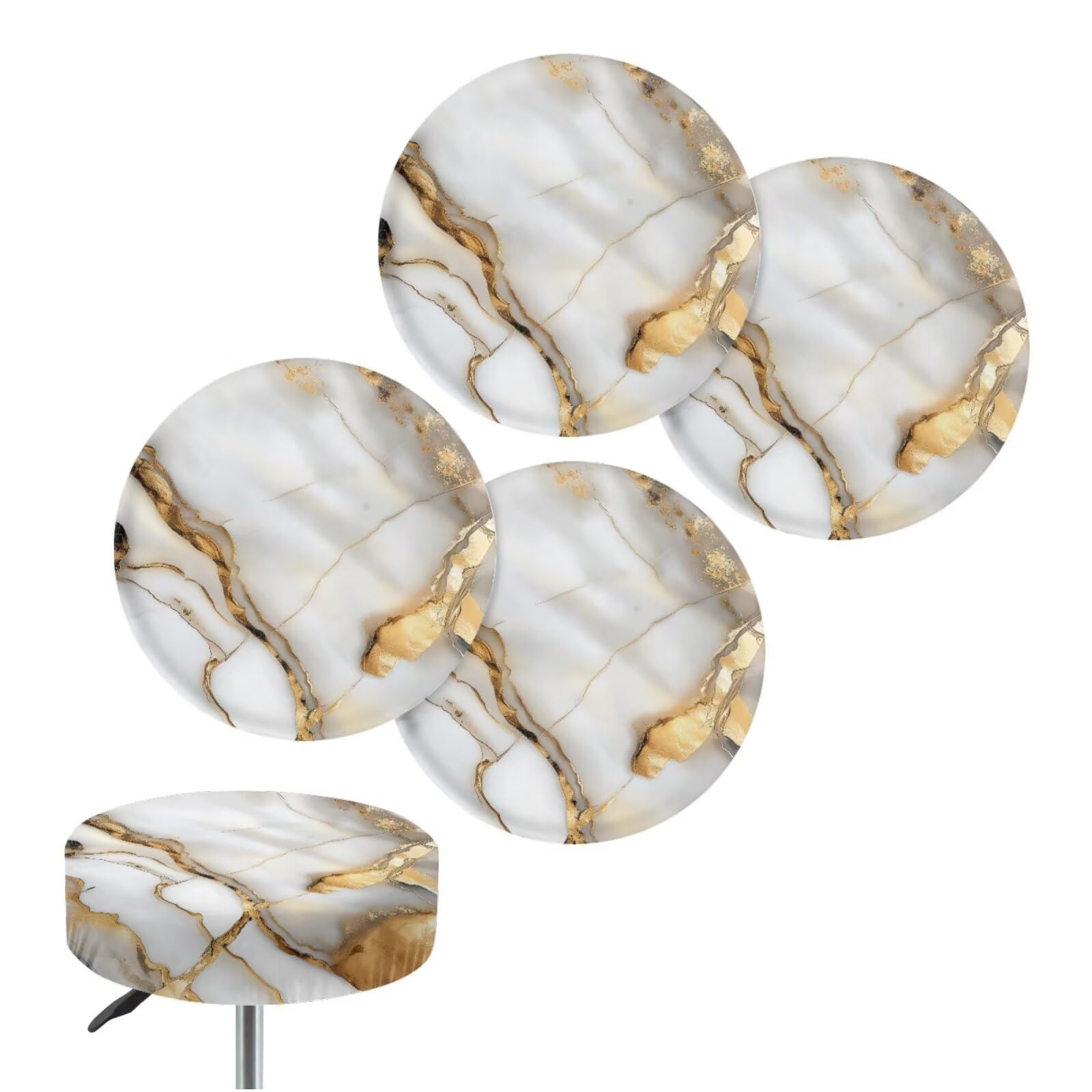 Fiqyvagox Marble Print Golden White 4 Pieces Soft Circle Seat Covers Washable Slipcover for Bar Stool Polyester Round Bar Stool Covers Fit for