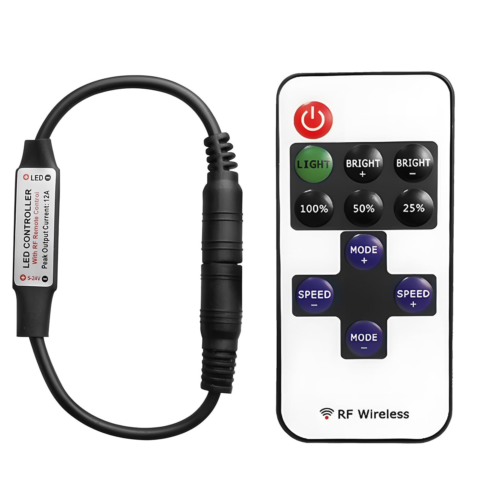 RF Wireless Remote Control With 11-Key Controller for Single Color 3528 5050 LED Strip Lights, DC Connector