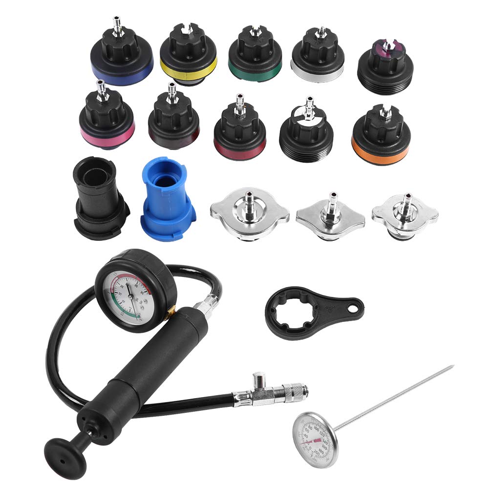 Qiilu Universal Equipo de de Enfriamiento del Detector de Presión del Radiador 18pcs con manómetro + termómetro + Adaptador de radiador