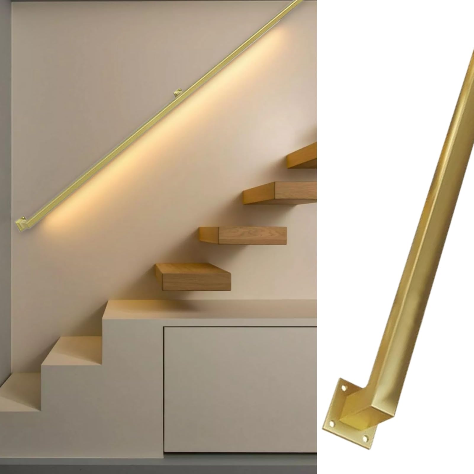 Yopappol Gold Handrail For Indoor Outdoor Stairs, Wall Mount Banister Safety Hand Rail, Banister Railing Kit With Wrought Iron Brackets And Metal Screws 30Cm~600Cm (Size : 12Ft/3600Mm)