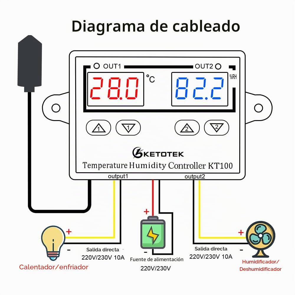 KETOTEK Controlador de temperatura y humedad, Digital termostato 220V Calentamiento Enfriamiento con Sonda, 10A De Salida Directa, para Incubadora Invernadero Reptil