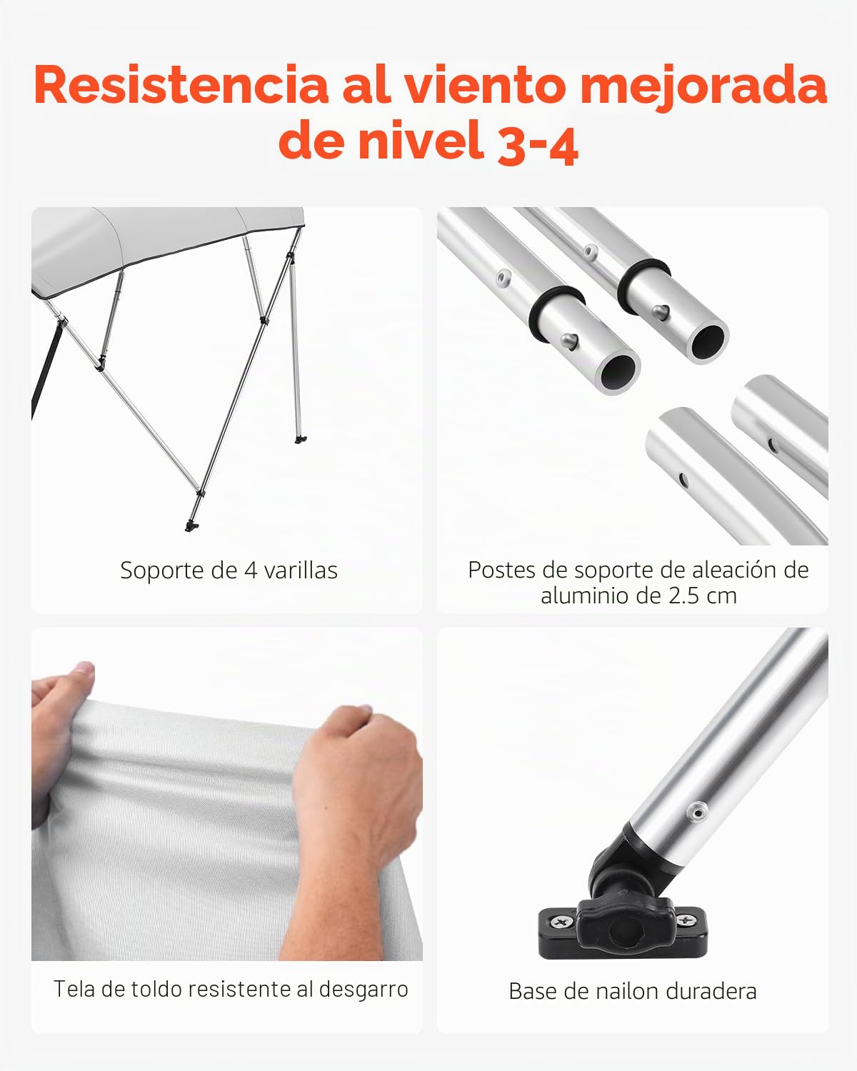 VEVOR Toldo Bimini para Barco 4 Arcos, de Poliéster 600D, Aleación de Aluminio, Impermeable y Parasol, Bolsa de Almacenamiento, 2 Postes de Soporte, 4 Correas, 240 x 229,5 x 137 cm, Gris Claro