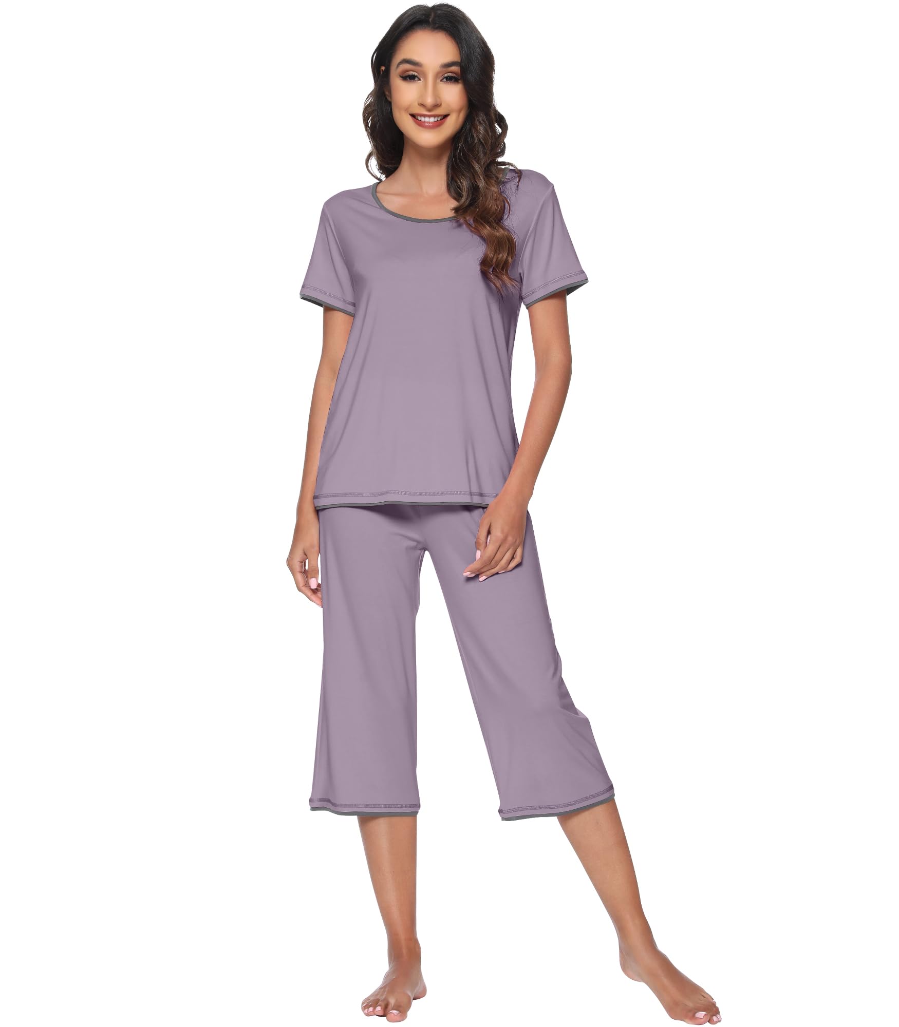WiWiBamboo Viscose Pajamas Set for Women Short Sleeve Sleepwear 2 Piece Tops & Capri Pants Pjs Sets S-XXL