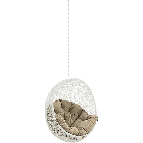 Modway Hide Wicker Rattan Outdoor Patio Swing Chair with Hanging Steel Chain in White Mocha