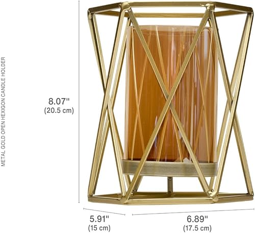 Miniatura 2 de Elements Portavelas hexagonal de alambre dorado de metal de 6.89 x 5.91 x 8.07 pulgadas, cilindro de vidrio ámbar, para uso con soporte de pilar,