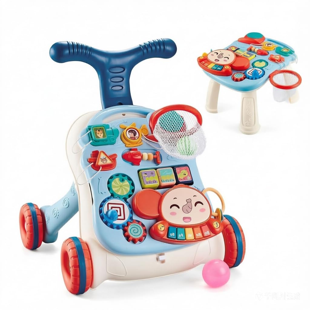 Baby Walker Push Along, 2-in-1 Kids Walker with Montessori Toys and Sounds,Music and Removable Activity Center,Baby Walking aid with Speed Adjustable Wheels for Girls Boys Toddlers from 6 Months