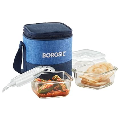 Borosil Prime Borosilicate Glass Lunch Box Set of 2, 320 Ml, Vertical, Microwave Safe office Tiffin, Blue, Transparent