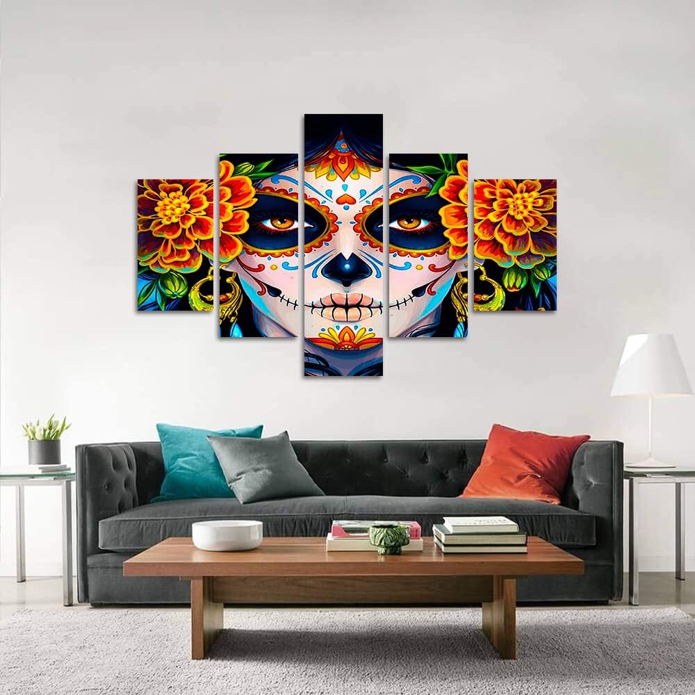 Sugar Skull Girl's Face Canvas Paintings Wall Art Day of the Dead Dia De Los Muertos Artwork Modern Home Decor Saints Day Halloween Wall Art Set of 5 Wooden Framed Ready to Hang-60 inch x 40 inch Artwork-02 60''Wx40''H