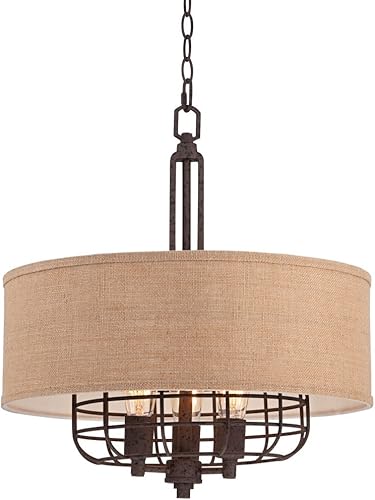 Franklin Iron Works Tremont - Lámpara colgante de jaula de óxido de 20 pulgadas de ancho industrial rústico para tambor 3 lámparas para comedor casa