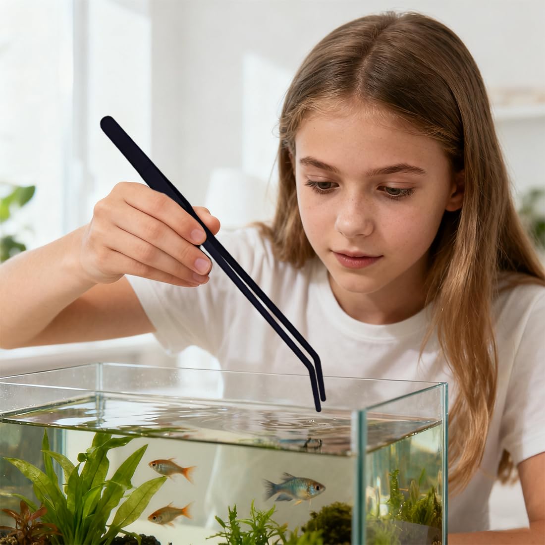 1 pièce Pince à Aquarium, Pince à Nourriture Longue en Acier Inoxydable pour Reptiles et Plantes Aquatiques (27 cm Courbée) (Noir)