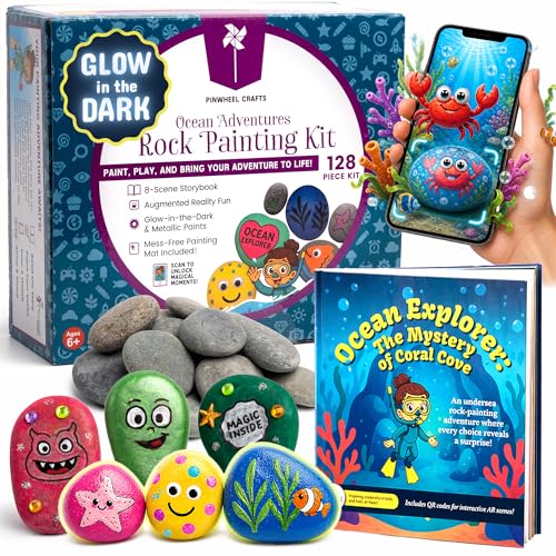 Pinwheel Crafts Glow in the Dark Rock Painting Kit with AR Storybook 128pc