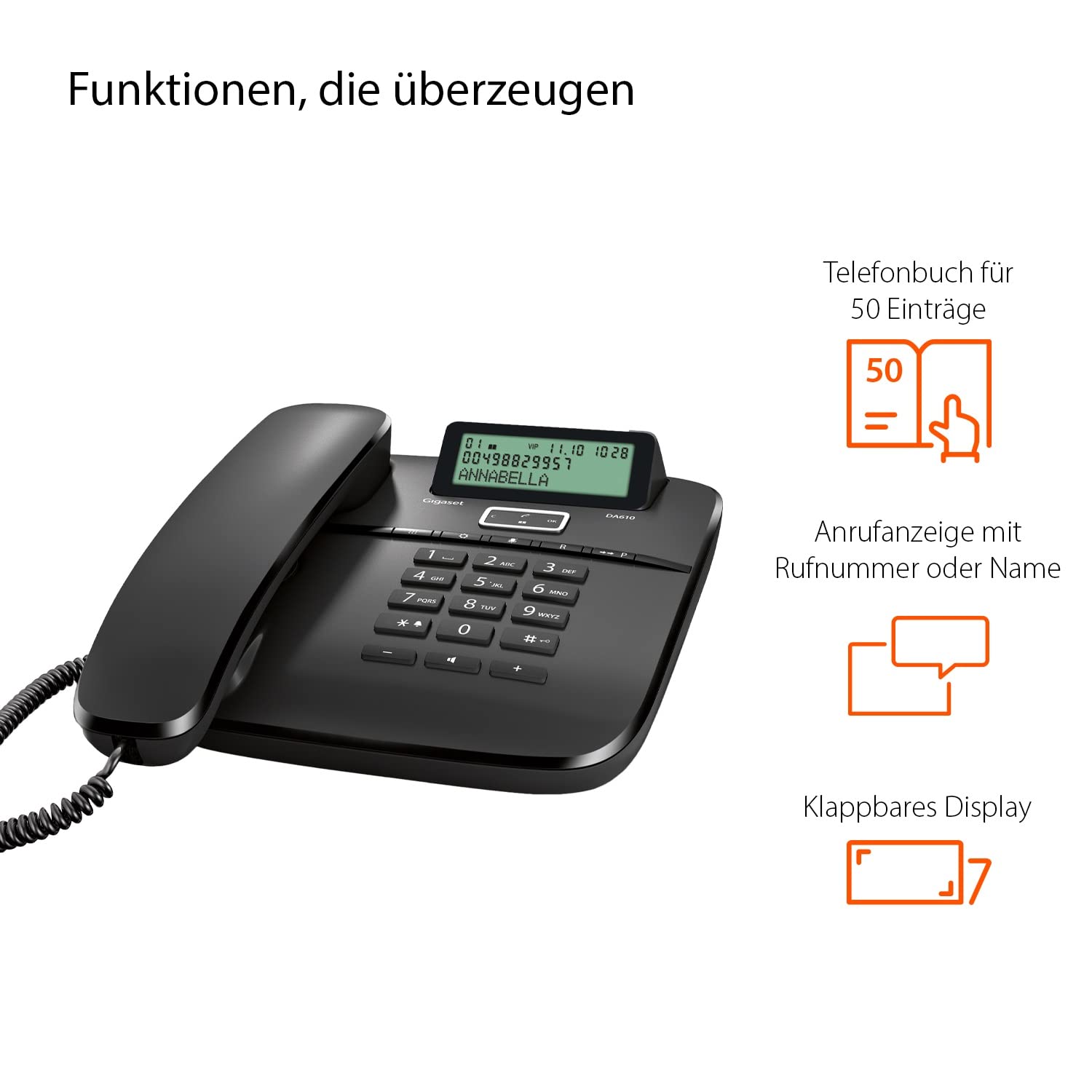 Gigaset DA610 - Schnurgebundenes Telefon - klassisches Schnurtelefon mit Direktruf und Freisprech Funktion - Hörgeräte kompatibel, schwarz
