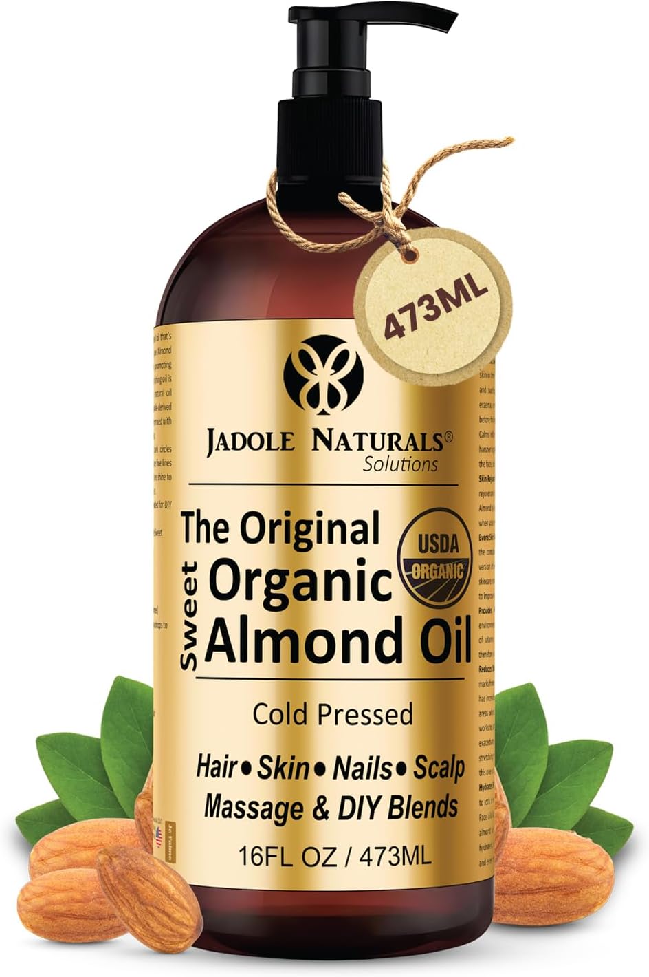 Jadole Naturals Organic Sweet Almond Oil – Cold Pressed | 100% Pure & Natural | Large 473ml | Deeply Moisturizes Skin, Nourishes Hair & Scalp | Ideal for Massage, DIY Beauty & Aromatherapy
