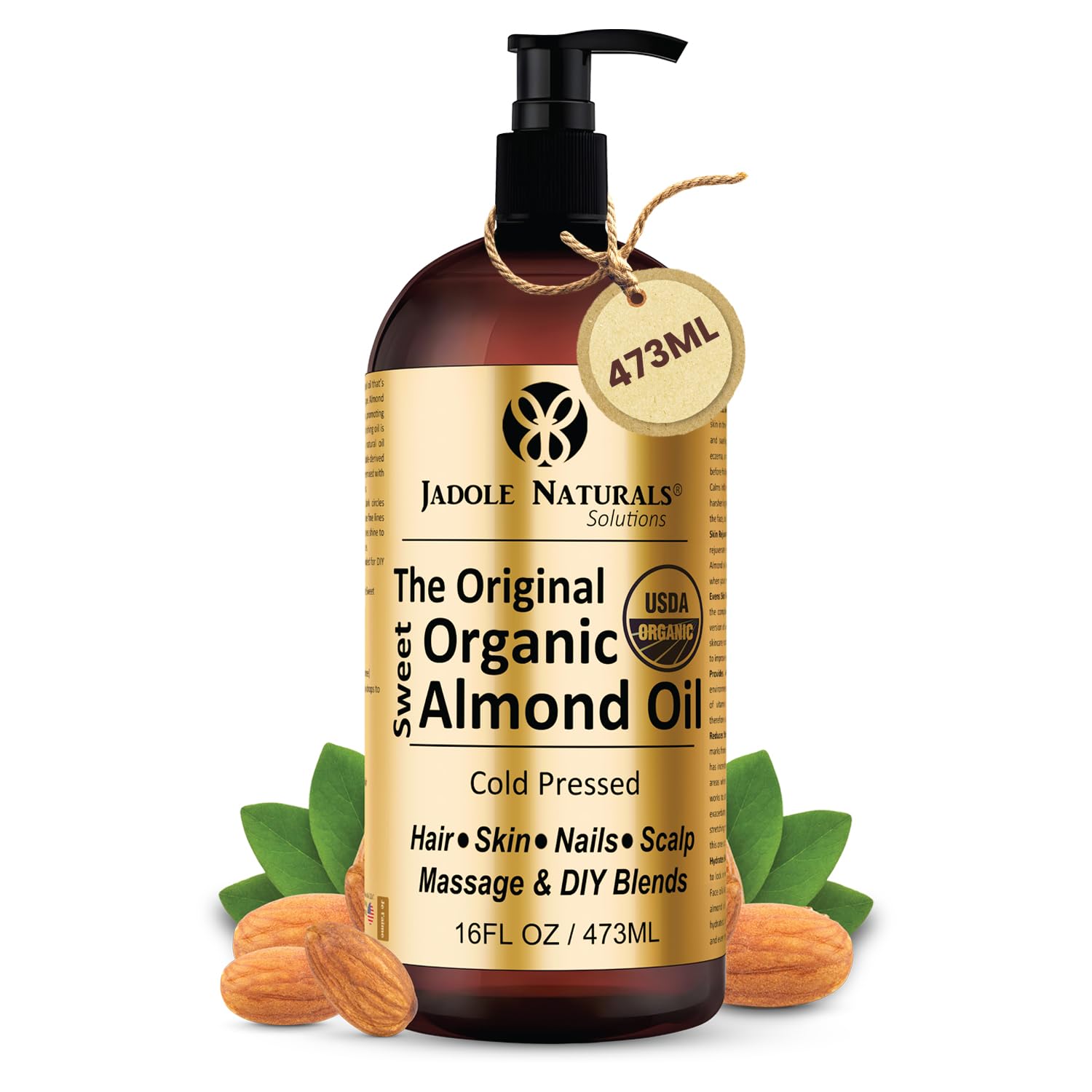 Jadole NaturalsOrganic Sweet Almond Oil – Cold Pressed | 100% Pure & Natural | Large 473ml | Deeply Moisturizes Skin, Nourishes Hair & Scalp | Ideal for Massage, DIY Beauty & Aromatherapy