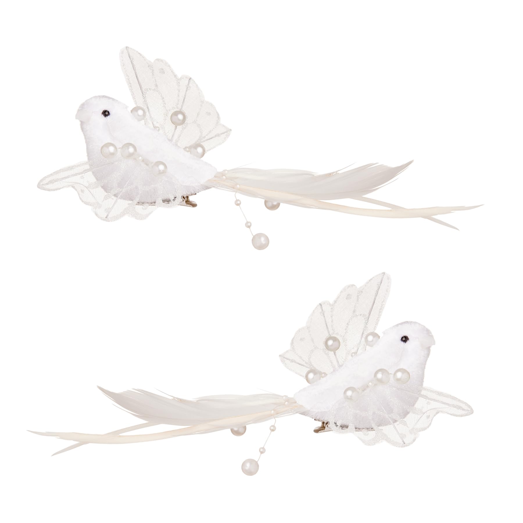 Widdle Gifts White Christmas Tree Bird Decorations On Clip With Feathers And Beads 18Cm Set Of 2 (White)