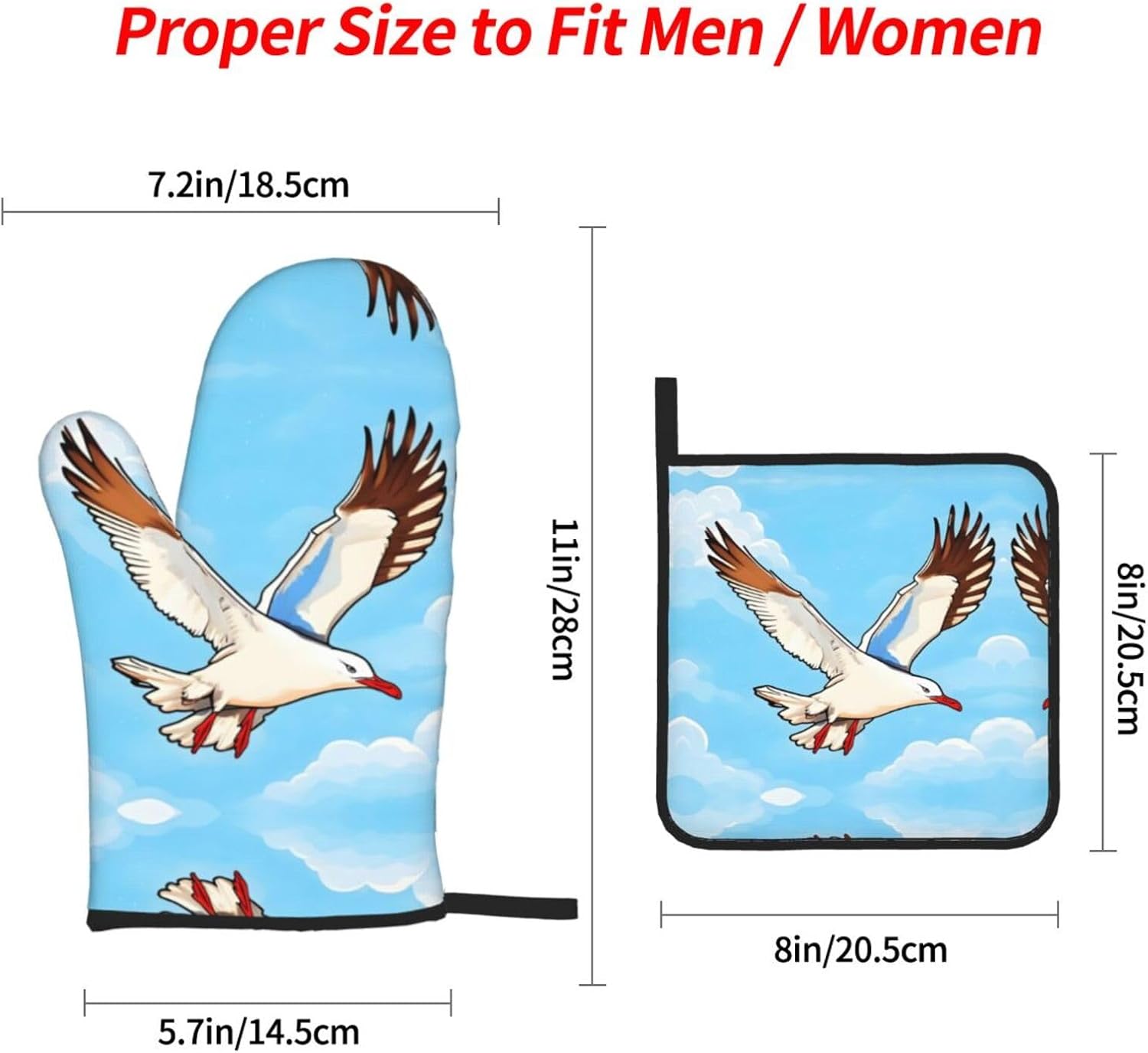Flying Seagulls Oven gloves and heat-resistant mat 4-piece set. Suitable for grilling, microwave oven frying, and baking