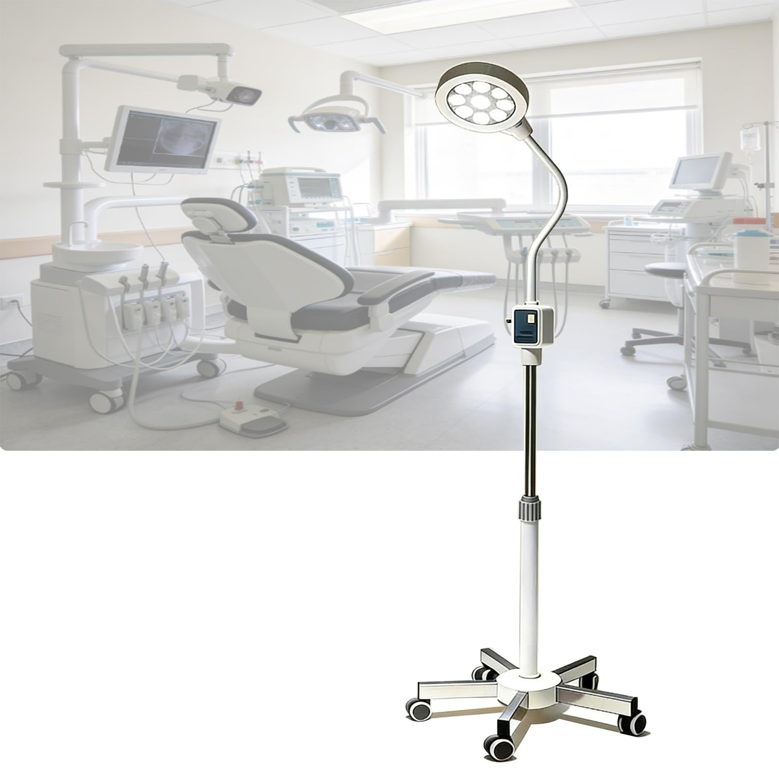 Generico Lampada da visita medica con supporto da pavimento, lampada da visita a collo di cigno, con 5 ruote universali mute in acciaio inossidabile for ginecologia, ambulatoriale, stomatologia