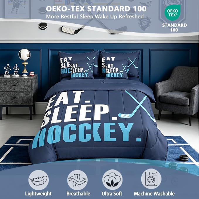 Image of Feelyou Ice Hockey Comforter Set 7 Piece Twin Size Kids Hockey Sports Game Boys Bed in A Bag Girls Ice Hockey Lover Bedding Set Hockey Decor Bed in a Bag with Sheets, Pillowcases, Pillow Covers