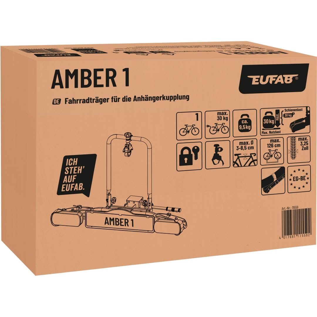 EUFAB 11559 Fahrradträger Amber 1, E-Bike geeignet, teilweise vormontiert, für 1 Fahrrad, für Anhängerkupplung, Schwarz Auto & Motorrad
