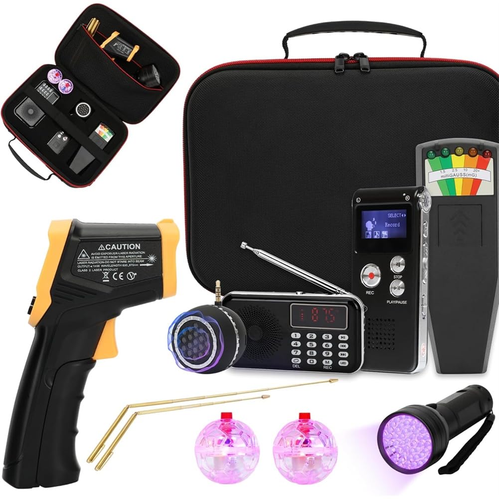 EMF-Messgerät, Handradio, Lautsprecher, Infrarot-Thermometer, Messing-Detektorstäbe - 11-Teiliges Set Inklusive EVP-Recorder