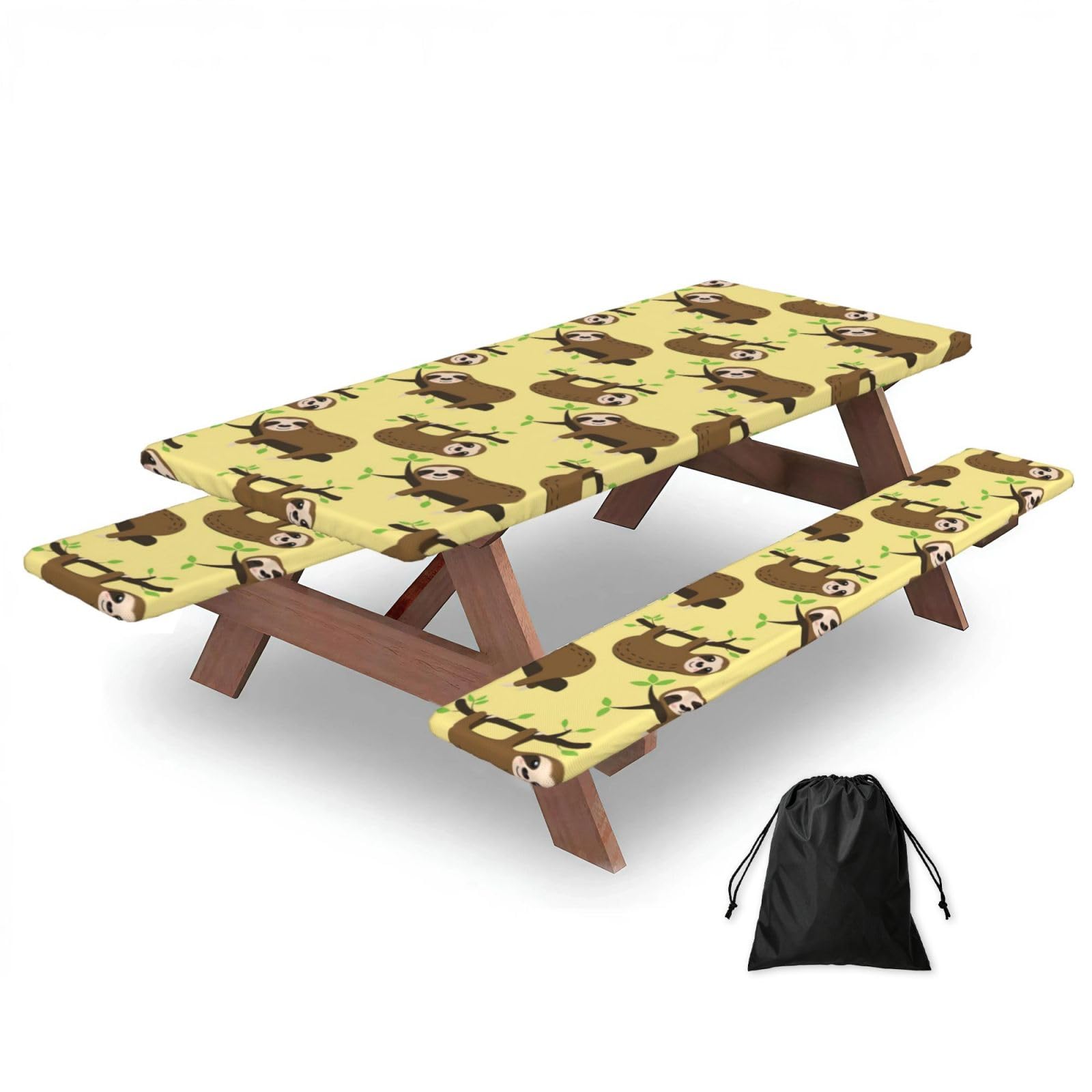 Zyjhyy Black Cute Sloths On Yellow Lemons Print 3 Pack Wipeable Picnic Bench Cover And Table Cover Lightweight Table Cloth For Camping Outdoor
