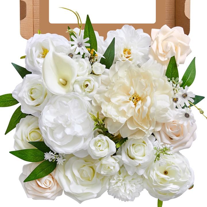 Artificial Flowers, White Silk Flowers for DIY Wedding Bridal Bouquets, Fake Cake Flowers for Centerpieces,Baby Shower, Table Arrangement, Home Party Decorations White 2 1