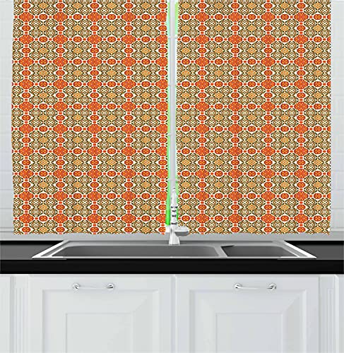 Ambesonne Moroccan Kitchen Curtains, Vintage Style Vibrant Colored Tile Design Ornamental Oriental Mosaic, Window Drapes 2 Panel Set for Kitchen Cafe Decor, 55" x 39", Orange Maroon Emerald
