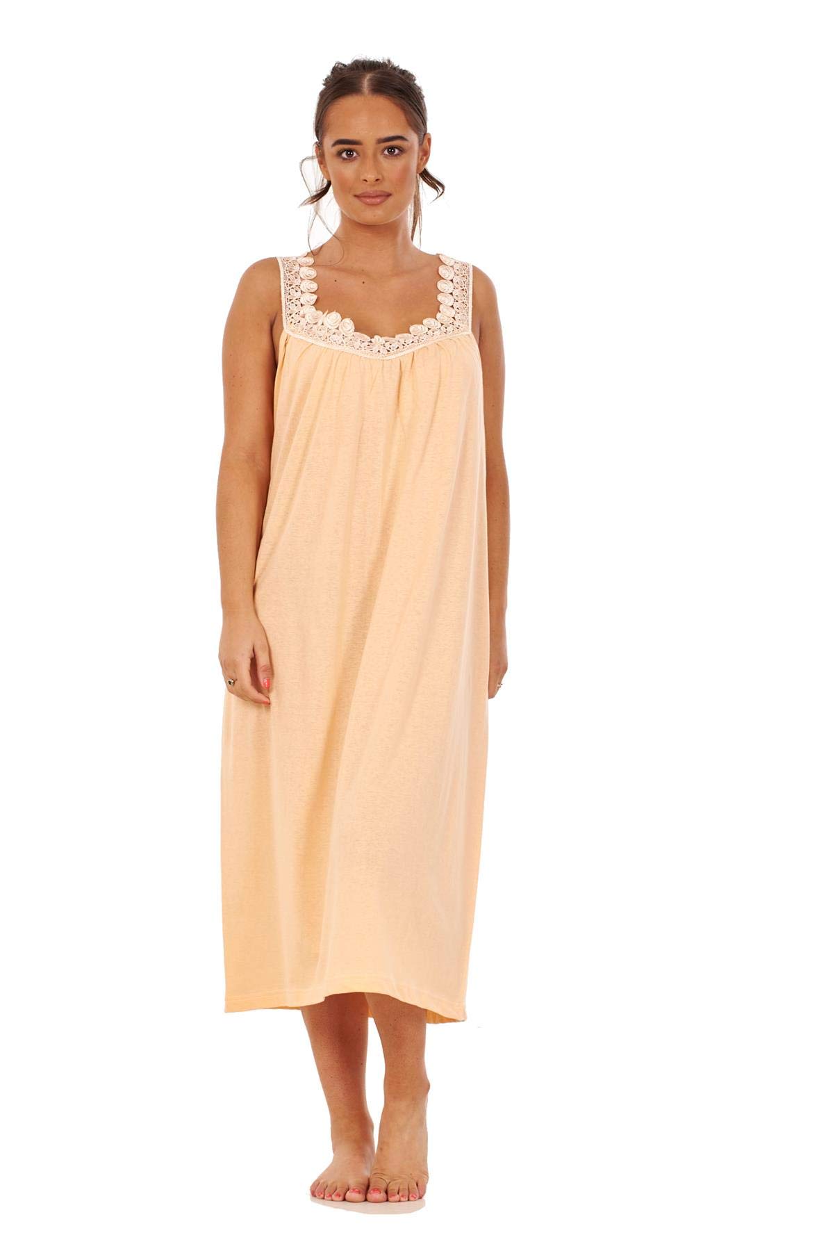 Apparel Ladies Plain Nightdress 100% Cotton V Neck lace Strap Long Nightwear M to 3XL