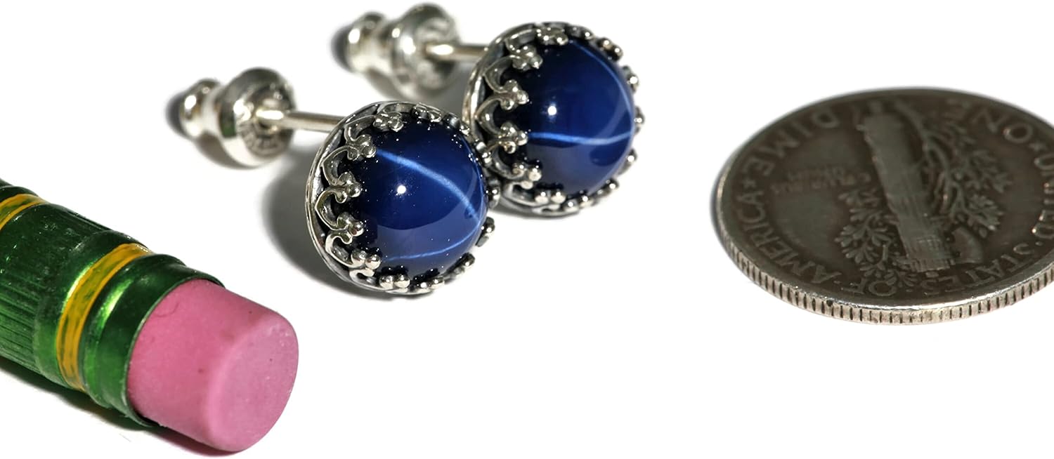 Created Blue Star Sapphire Crown Stud Earrings