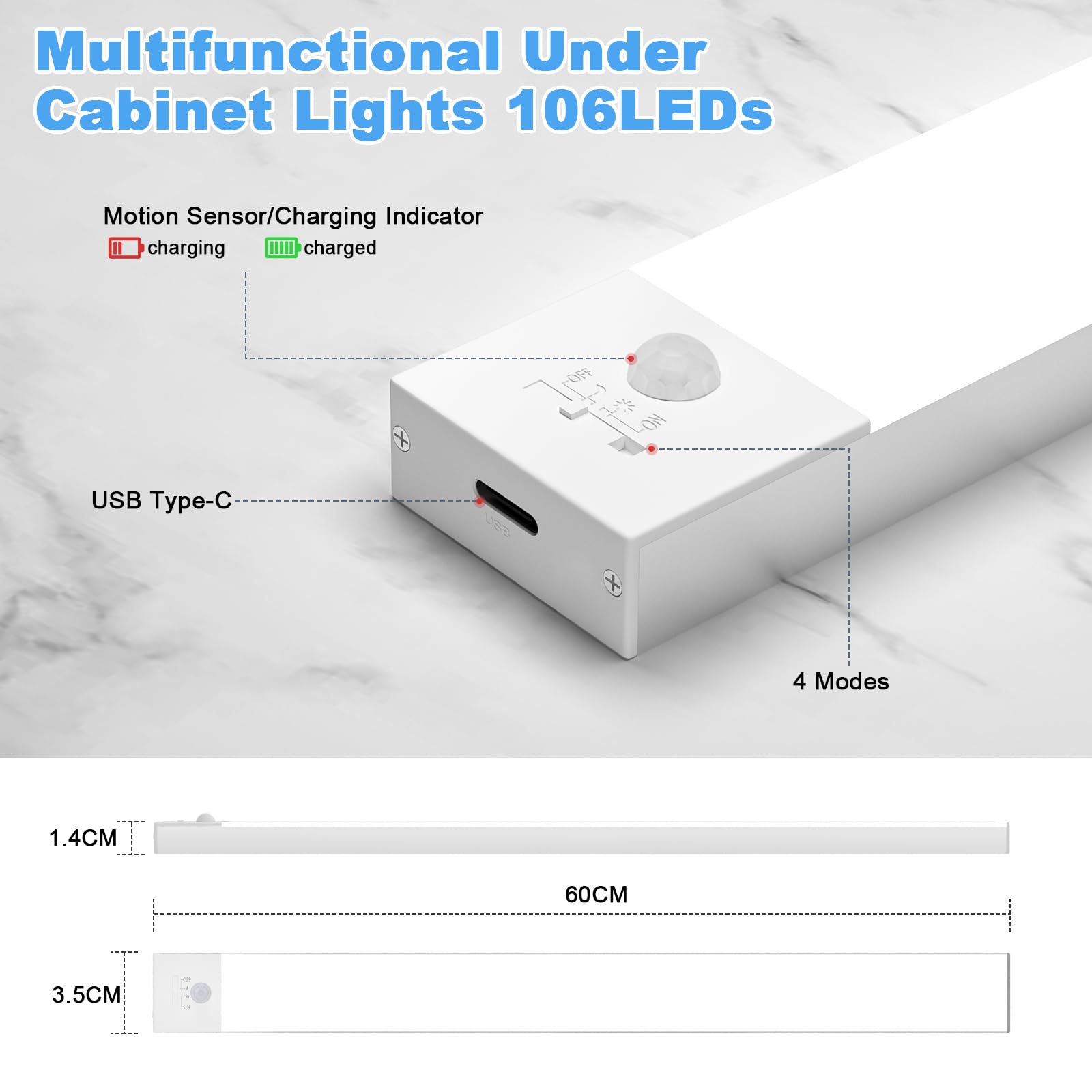 OUILA Luce Led Sottopensile Cucina 60cm, 2PCS 5000mAh 4 Modalità con Sensore Movimento,5000K Luce Armadio Led con Sensore per Armadio Scale Corridoio Garage Letto