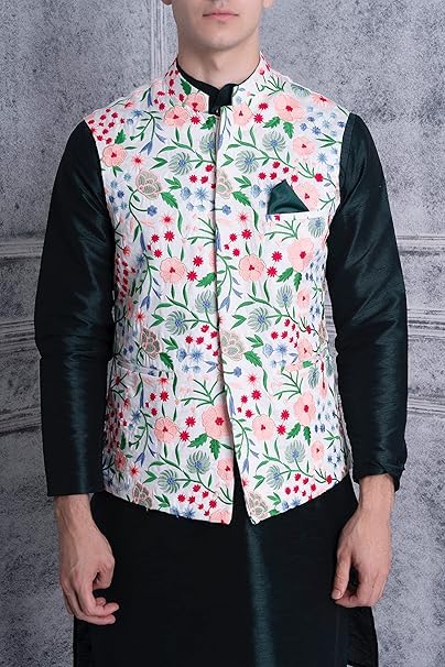 Image of Uri and MacKenzie Men's Silk Blend Kurta Pyjama with Stylish Embroidered Ethnic Jacket